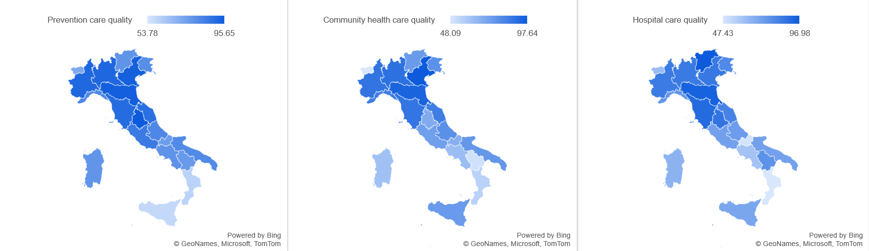Regional variation in the quality of healthcare in Italy for Prevention, Community, and Hospital based settings