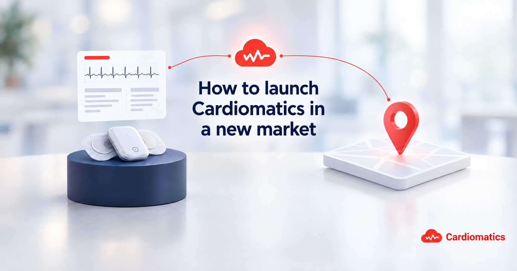 Illustration of an ECG device and structured report connected through the Cardiomatics logo to a map location pin, representing launching Cardiomatics in a new market