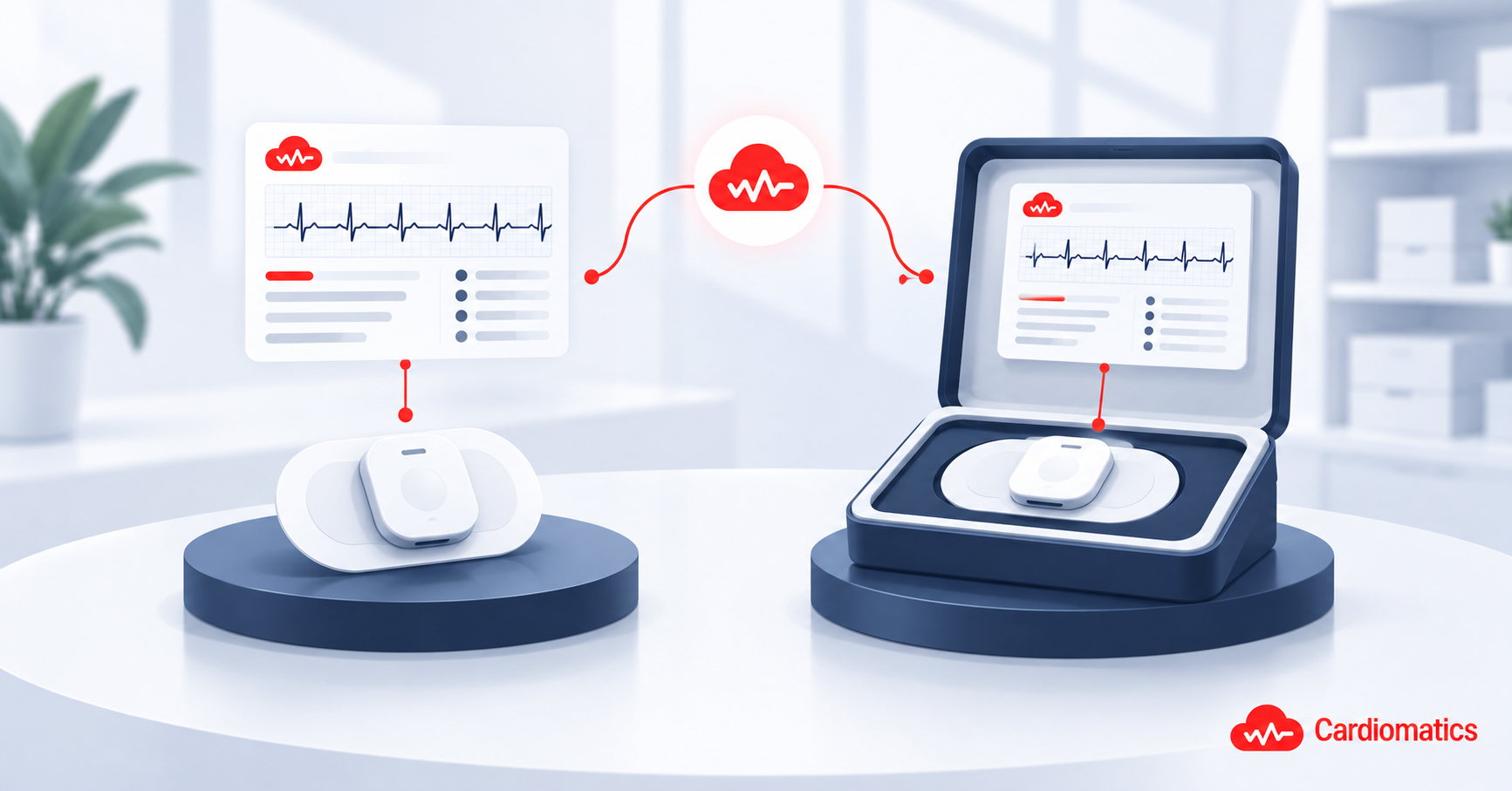 Illustration comparing two Cardiomatics partnership models, a standalone patch ECG device on the left and a complete Holter and Cardiomatics set on the right, both connected to the same cloud-based analysis platform