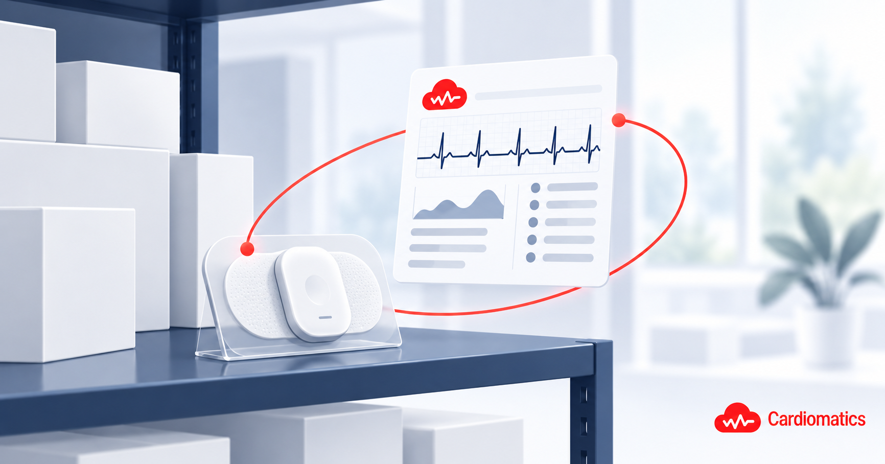 Holter ECG device on a distributor's shelf connected to an AI-powered analysis report