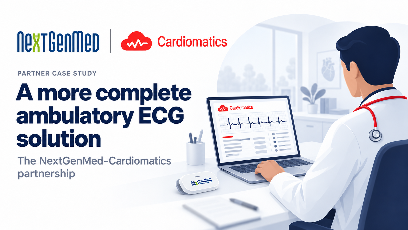 NextGenMed and Cardiomatics Holter ECG distribution partnership: physician reviewing an ECG report on a laptop